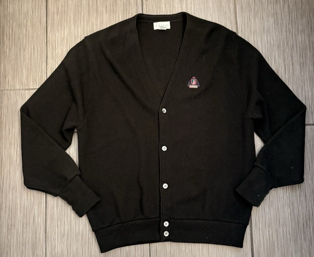 Vintage Izod Cardigan Sweater Men’s Large Black Vneck Made In USA Grandpacore
